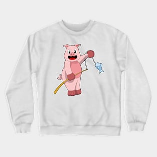 Pig at Fishing with Fishing rod & Fish Crewneck Sweatshirt